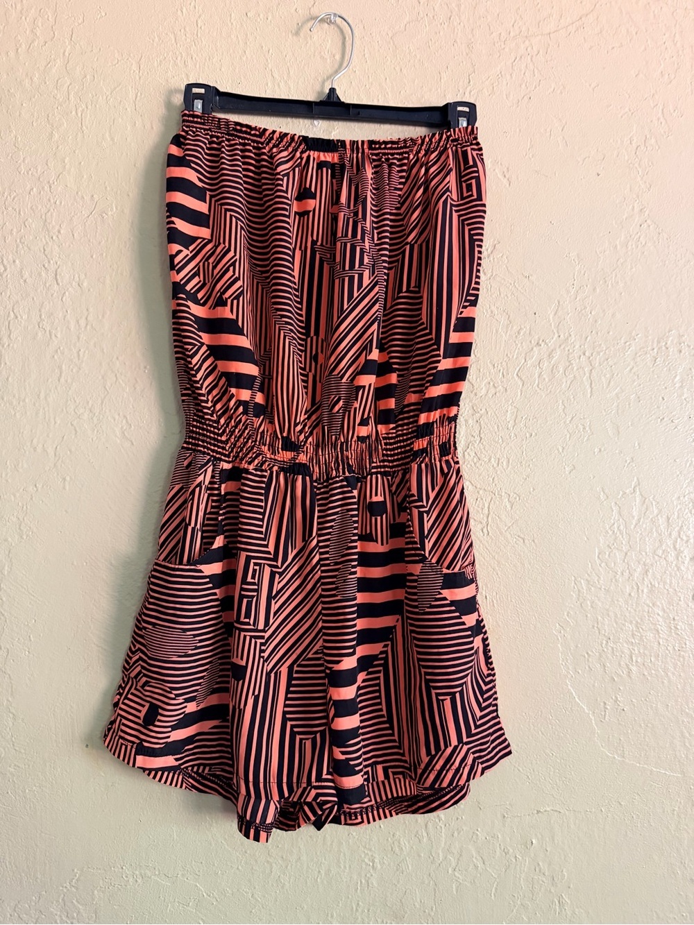 Parisian Women’s Black and Coral Geometric Strapless Romper, Size: XS